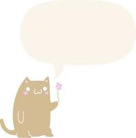 lindo gato de dibujos animados y flor y burbuja de habla en estilo retro vector