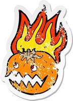 retro distressed sticker of a cartoon flaming pumpkin vector