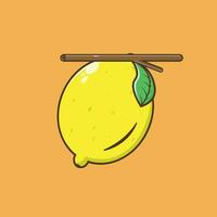 Cartoon fresh lemon vector icon with tree branch. Food concept. Simple premium design
