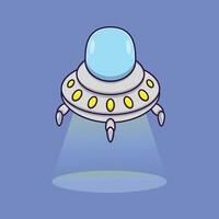 Cartoon vector icon of a flying ufo shining a light. Fantasy Concept. Simple premium design