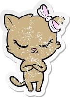 distressed sticker of a cute cartoon cat with bow vector