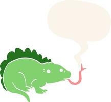 lagarto de dibujos animados y burbuja del habla en estilo retro vector