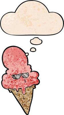 cartoon cool ice cream and thought bubble in grunge texture pattern style
