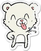 distressed sticker of a rude cartoon polar bear sticking out tongue vector