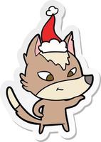 friendly sticker cartoon of a wolf wearing santa hat vector