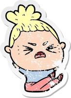 distressed sticker of a cartoon angry woman vector