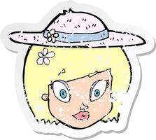 retro distressed sticker of a cartoon woman wearing summer hat vector