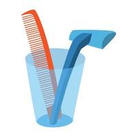 a shaver, a glass with a red comb in it, and a beard scraper vector illustration