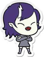 sticker of a cartoon laughing vampire girl with crossed arms vector