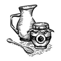 Vector black and white sketch illustration of a jug with milk and a jar of honey, a spoon