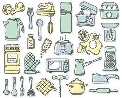 Vector set in a hand-drawn style with a colored background, kitchen utensils, household appliances and products