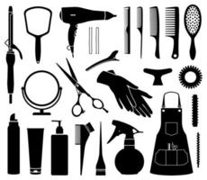 Vector black and white illustration collection of silhouettes of hairdressing accessories, hair dryer, curling iron, apron, combs, scissors, hairpins, mirror, brush, sprayer, gloves