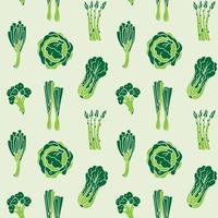 Green vector seamless pattern of greens for salad in flat style, onion, leek, broccoli, asparagus, cabbage, lettuce