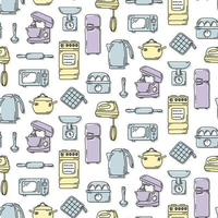 Vector seamless pattern in a hand-drawn style with a colored backgrounds, kitchen utensils, household appliances