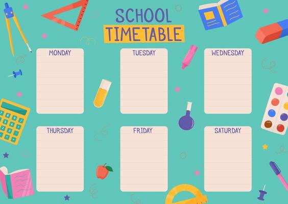Cute childish school timetable, weekly classes schedule for kids with school supplies. Printable planner, diary for student. Stationery set for children. To Do List.