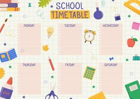 Cute childish school timetable, weekly classes schedule for kids with school supplies. Printable planner, diary for student. Stationery set for children. To Do List vector