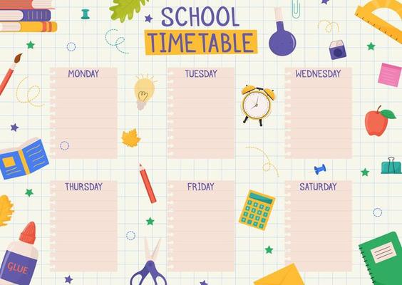 Cute childish school timetable, weekly classes schedule for kids with school supplies. Printable planner, diary for student. Stationery set for children. To Do List