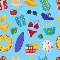 Set of cute summer elements surfboard, cocktail, bag, hat, palm tree, bikini, flip flops, beach umbrella, ball, sand castle, lifebuoy. Summer seamless pattern vector