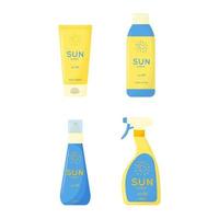 Skin care products. Sun safety, UV protection collection. Tubes and bottles of sunscreen products with SPF cream, lipstick, spray. Summer cosmetic. vector