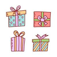 juego de cajas de regalo, estilo garabato dibujado a mano. regalos de fiesta de cumpleaños. ilustración vectorial plana. vector