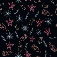 patrón navideño sin costuras de copos de nieve, estrellas, velas, dibujos de contorno sobre un fondo negro, festivo elegante vector