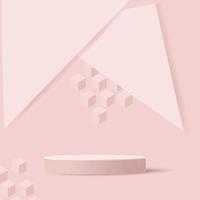 Cylindrical podium, realistic scene, on light pink nude pastel background with geometric shapes, in the form of a triangle and isometric square, realistic shadows, 3D rendering vector