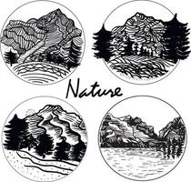 set of nature landscapes circular compositions sketches vector