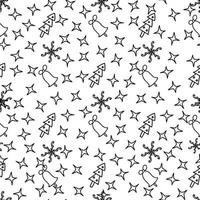 christmas hand drawn seamless pattern, trees bells snowflakes, monochrome vector ornament