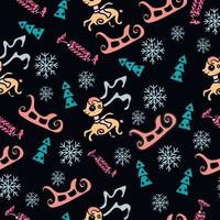 christmas deer, seamless pattern with winter elements, sleigh, snowflakes, on a black background vector