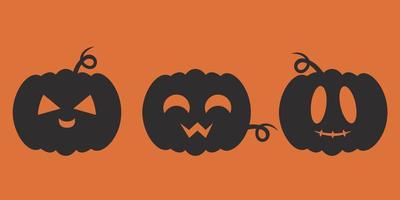 Set of spooky pumpkin heads. Halloween decoration objects in black flat style. vector