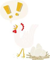 cartoon chicken laying egg and speech bubble in retro style vector