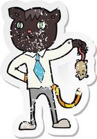 retro distressed sticker of a cartoon business cat with dead mouse vector