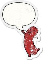 cartoon dancing sausage and speech bubble distressed sticker vector