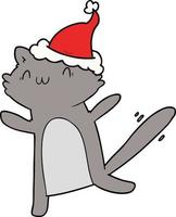 line drawing of a dancing cat wearing santa hat vector