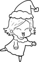 dibujo de línea feliz de una niña con sombrero de santa vector
