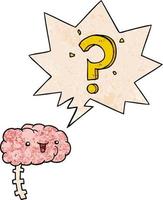 cartoon curious brain and speech bubble in retro texture style vector