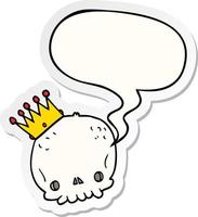 cartoon skull and crown and speech bubble sticker vector