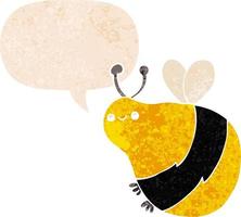 cartoon bee and speech bubble in retro textured style vector