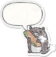 cartoon cat loving the amazing sandwich he's just made for lunch and speech bubble distressed sticker vector