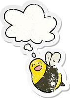 cartoon bee and thought bubble as a distressed worn sticker vector