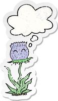 cartoon thistle and thought bubble as a distressed worn sticker vector