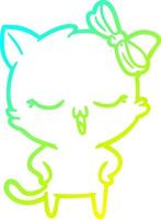 gato de dibujos animados de dibujo de línea de gradiente frío con arco en la cabeza y manos en las caderas vector