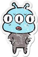 distressed sticker of a annoyed three eyed alien vector