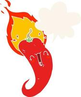 cartoon flaming hot chili pepper and speech bubble in retro style vector