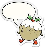 cartoon christmas pudding walking and speech bubble sticker vector