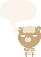 cartoon annoyed bear and arms crossed and speech bubble in retro style vector