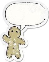 cartoon gingerbread man and speech bubble distressed sticker vector