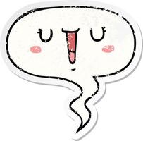 happy cartoon face and speech bubble distressed sticker vector