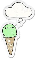 cartoon ice cream and thought bubble as a distressed worn sticker vector