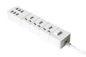 Extension power strip or trailer plug or extension cord with 6 USB charging hub ports isolated on white background. Clipping path. photo